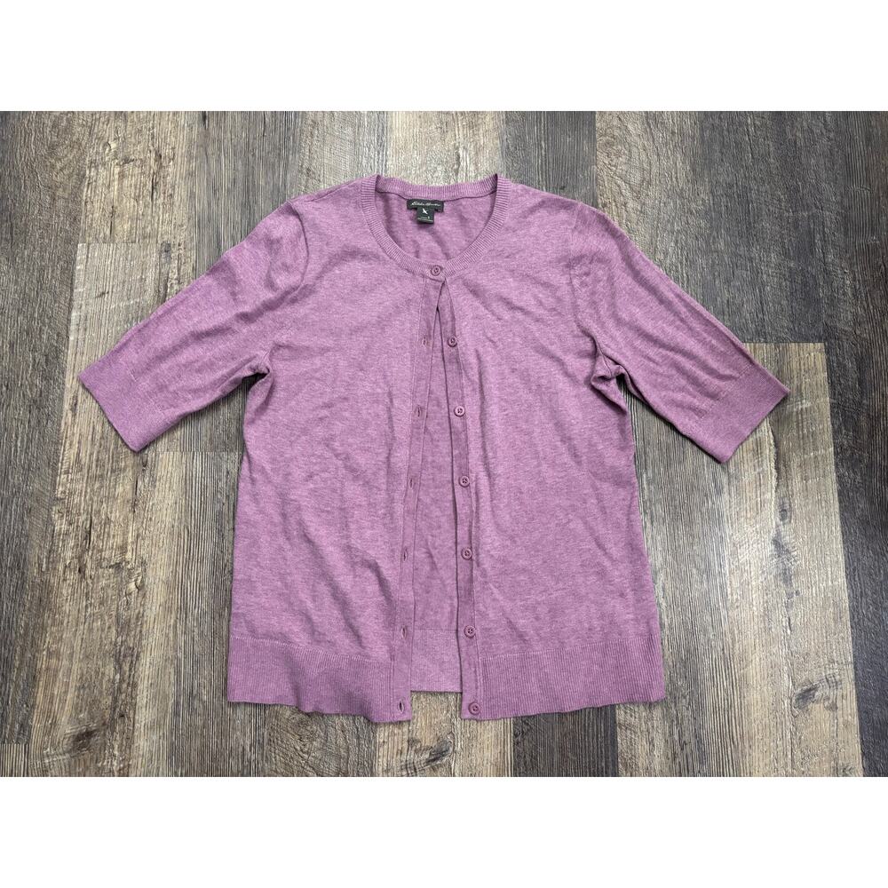 Eddie Bauer Womens Purple Short Sleeve Button Front Cardigan Sweater Size S